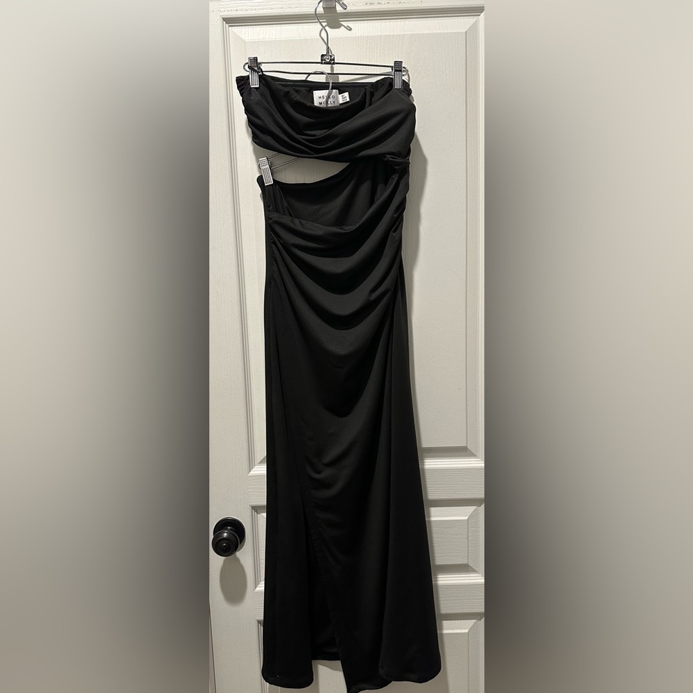 Hello Molly Bandeau Top Faye Maxi Dress Thigh High Slit in Black Jersey - Picture 2 of 10